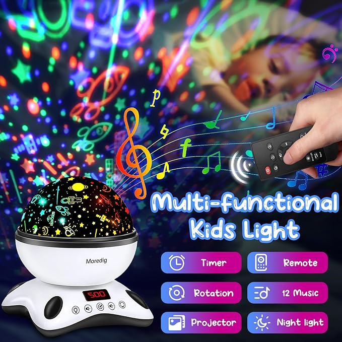Moredig Kids Night Light Projector, Remote Baby Night Lights for Kids Room with 12 Music Nursery Night Light Projector for Kids Timer 2 Projections 18 Light Modes, Gifts for Baby Kids - Black