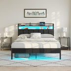 Queen Size Bed Frame with Charging Station and LED Lights, Metal Bed Frame with Headboard, Black Upholstered Headboard with 2-Tier Storage Shelves, Noise Free, No Box Spring Needed