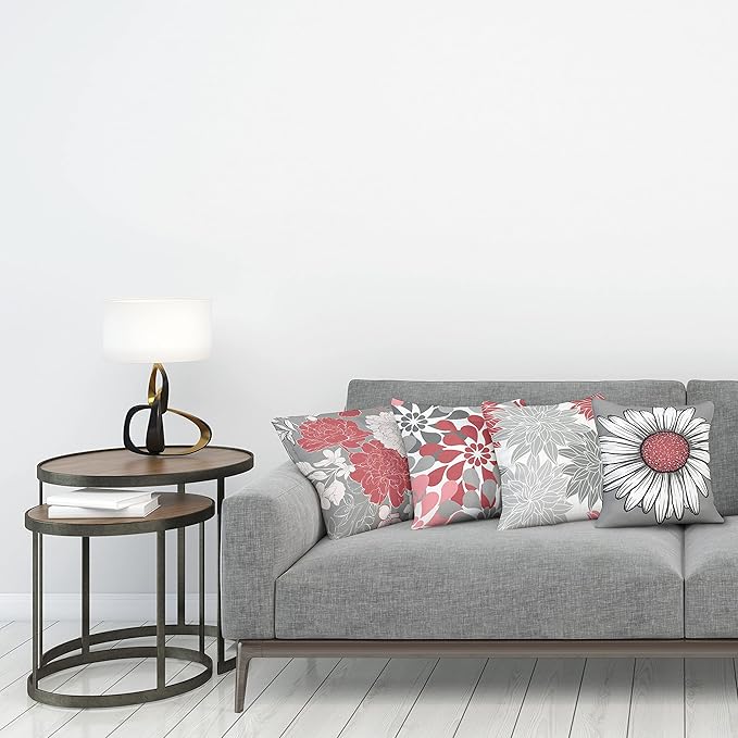 Ambesonne Floral Throw Pillow Cushion Case Pack of 4, Flower Petals Modern Color Palette Chamomile Peony Dahlia and Sunflower Print, Modern Accent Double-Sided Digital Printing, 18", Dark Coral Grey