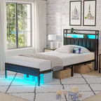 Twin Size Bed Frame with Charging Station and LED Lights, Metal Bed Frame with Headboard, Black Upholstered Headboard with 2-Tier Storage Shelves, Noise Free, No Box Spring Needed, Black