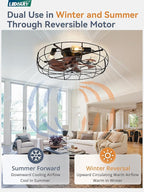 LEDIARY 23 Inch Large Caged Ceiling Fan with Light, Flush Mount Low Profile with Remote Control, Farmhouse Industrial Bladeless Fan Light for Bedroom, Kitchen, Indoor