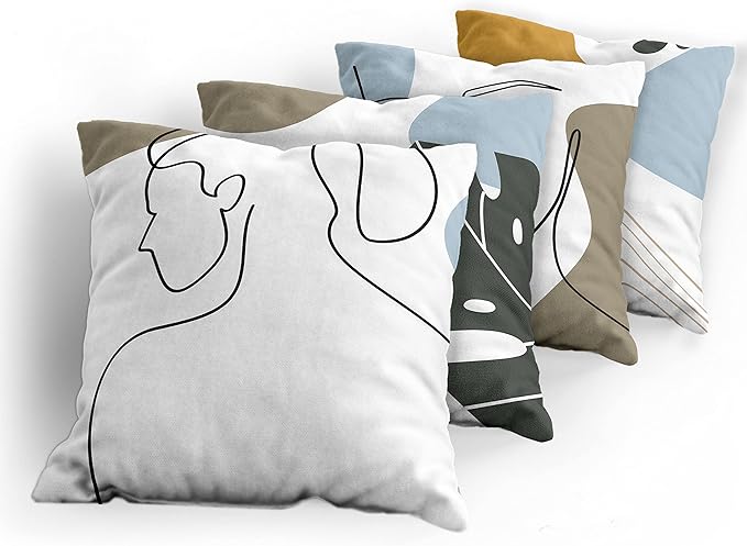 Ambesonne Minimal Throw Pillow Cushion Case Pack of 4, Modern Line Art Woman Portrait with Contemporary Leafy Geometric Details, Modern Accent Double-Sided Digital Printing, 18", Baby Blue Taupe Amber