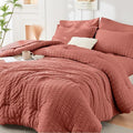 HYMOKEGE Coral King Size Comforter Set Seersucker 7 Pieces, All Season Luxury Bed in a Bag for Bedroom, Bedding Set with Comforter, Sheets, Pillowcases & Shams