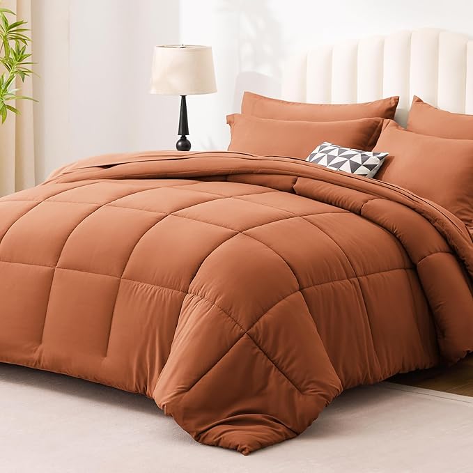 Love's cabin Twin Comforter Set Burnt Orange, 5 Pieces Twin Bed in a Bag, All Season Bedding Sets with 1 Comforter, 1 Flat Sheet, 1 Fitted Sheet, 1 Pillowcase and 1 Pillow Sham