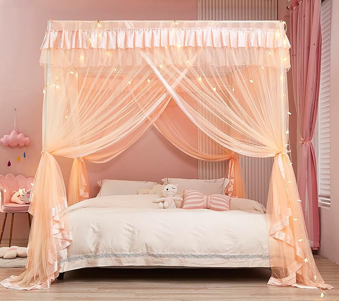 Mengersi Canopy Bed Curtains Twin Sizes,Bed Canopy for Girls Royal Luxurious Cozy Bed Drapes Girls Room Decor(Peach,Twin)
