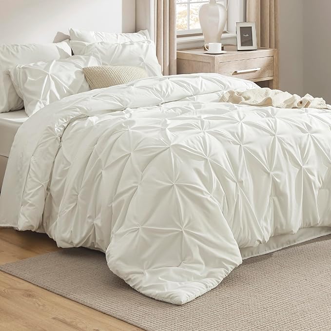 Bedsure Twin Comforter Set Ivory - Bed in a Bag Twin Size Bedding 5 Pieces, GentleSoft™ Pintuck Bed Set Gift for Family, Pinch Pleat Ivory Comforter with Sheets, Pillowcase & Sham