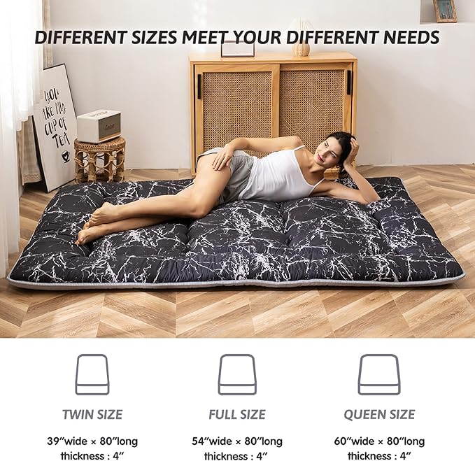 MAXYOYO Black Marble Printed Japanese Futon Floor Mattress, Thicken Sleeping Pad, Roll Up Camping Bed, Folding Couch Topper for Guests, Queen Size