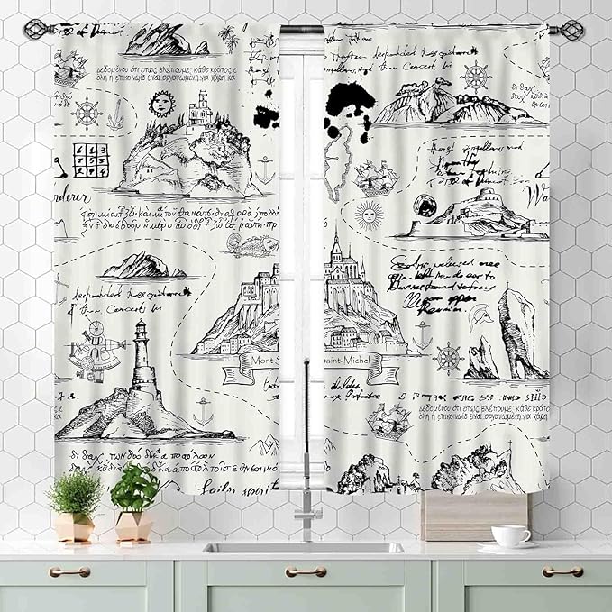 Vintage Nautical Curtains, Marine Coastal Sailboat Compass Anchor Ocean Beach Old Pirate Map Retro Window Drapery Treatments for Bedroom Living Room Kitchen Bathroom 2 Panels, 55x39 Inch