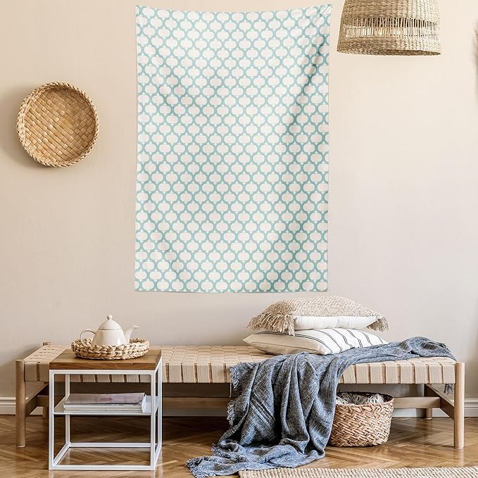 Ambesonne Ikat Tapestry, Mesh Patterns and Lines on Vintage Backdrop Retro Ikat Style Boho Print, Wall Hanging for Bedroom Living Room Dorm Decor, 40" X 60", Turquoise Cream