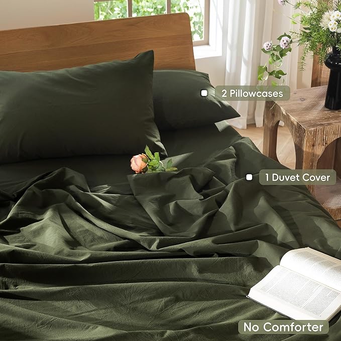 MooMee Bedding Duvet Cover Set 100% Washed Cotton Linen Like Textured Breathable Durable Soft Comfy (Solid Olive Green, Oversized Queen 98"x98")