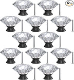 12-Pack Crystal Glass Cabinet Knobs for Home Decor, Vanity Drawers, Desks, Wardrobe Doors, Standard Screws Easy Installation for Home Refurbishment and Redecoration (Clear Crystal, 40mm, Black Base)