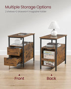 VASAGLE Side End Table with Charging Station, Slim Nightstand with 2 Drawers, Narrow Bedside Table for Living Room, Small Spaces, Rustic Brown and Ink Black ULET321B01