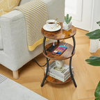 Small Round Side Table with Charging Station, 3-Tier Waist Circular End Table with Storage Shelf, Compact Tea Sofa Side Table Small Spaces, Round Corner Coffee Table for Living Room Bedroon,Brown