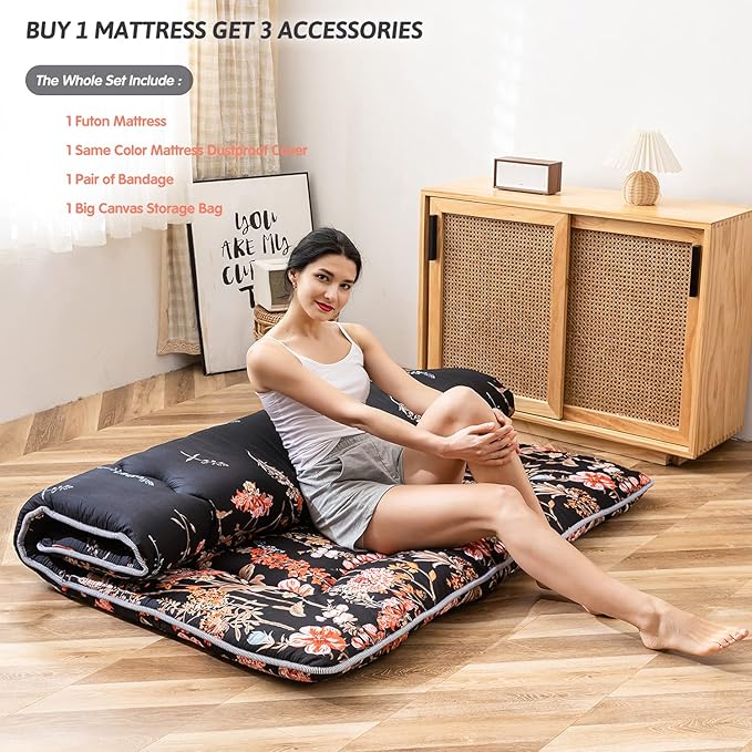 MAXYOYO Japanese Futon Mattress Floor Mattress Sleeping Pad Foldable Bed Roll Up Camping Cushion Floor Lounger Bed Couches and Sofas Couch Topper, Black Floral, Full Size