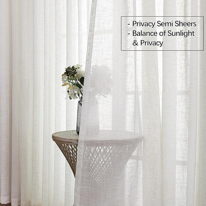 Neutral Linen Sheer Pinch Pleated Sliding Door Curtains, 2x50 Inches Width, Ivory Beige Light Filtering Drapes 96 Inches Long, Textured Modern Farmhouse Window Curtain Panels