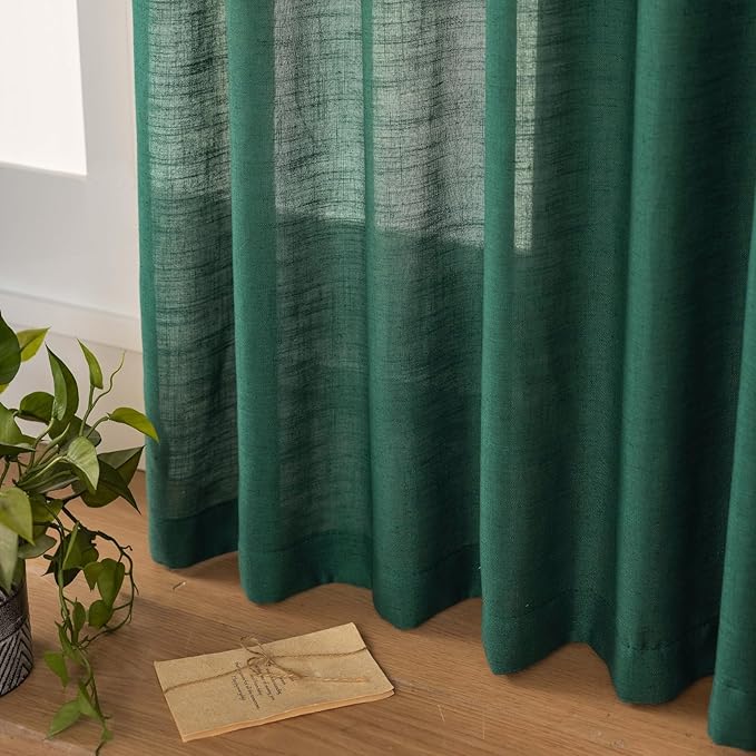 Emerald Green Linen Pinch Pleated Sliding Door Curtains Semi Sheer, 2x50 Inches Width, Hunter Light Filtering Drapes 102 Inches Long, Dark Textured Floor to Ceiling Window Curtain Panels