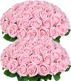 BLEUM CADE 50 Pcs Pink Roses Artificial Flowers, Real Touch Velvet Roses Fake Flowers Bulk, Artificial Roses Bouquet with Long Stems Bridal DIY Wedding Party Centerpiece Decorations