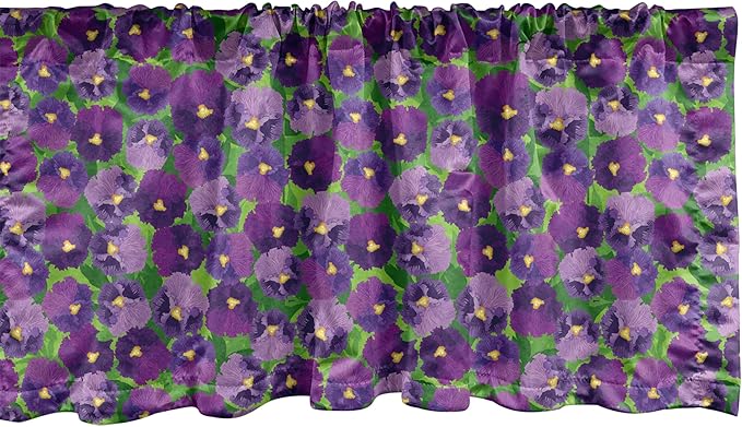 Ambesonne Botanical Window Valance Pack of 2, Green Field Full of Burgeoning Pansy Inflorescence Garden Flourish Bedding Plants, Rod Pocket Curtain Valances for Kitchen Bedroom, 42" X 12", Purple