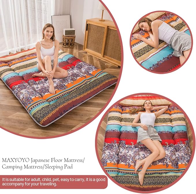 MAXYOYO Bohemian Retro Floor Mattress Vintage Floral Japanese Futon Mattress Roll Up Thicken Sleeping Bed Portable Camping Mattress Floor Lounger Couch Bed Mattress Pad, King Size