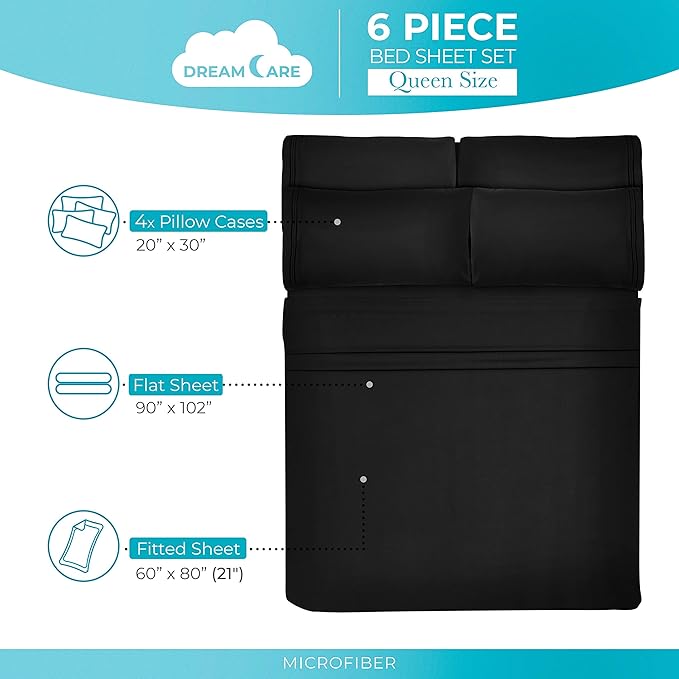DREAMCARE Queen Sheet Set – 6 pcs Cooling Bed Sheets – up to 21” Deep Pocket Queen Sheets Set – 2500 Supreme Collection – Extra Soft 100% Brushed Microfiber Hotel Luxury with Side Pocket – Black