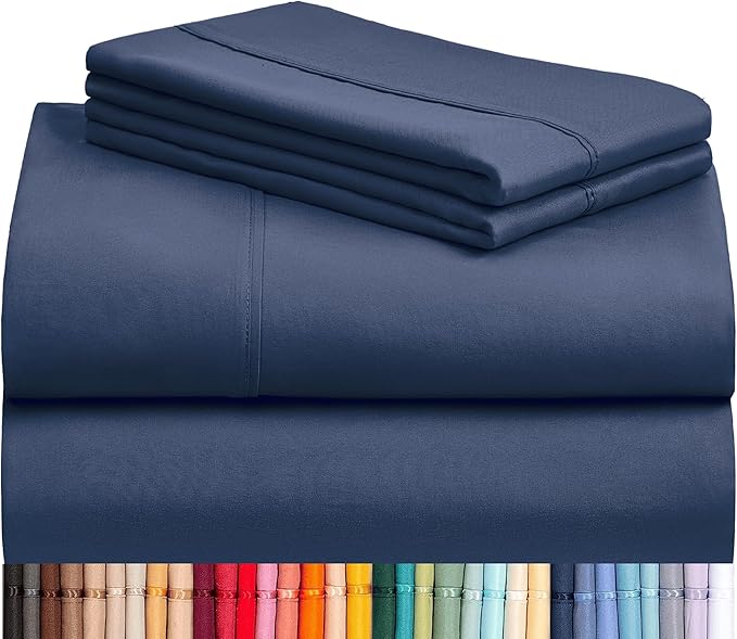 LuxClub 4 PC Queen Sheet Set, Deep Pockets Wrinkle Free Cooling Bed Sheets Hotel Bedding for Women, Men, Kids & Teens, Includes 1 Fitted Sheet, 1 Flat Sheet and 2 Pillowcases - Silky Soft Navy