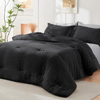 HYMOKEGE Black/Light Grey King Size Comforter Set Seersucker 7 Pieces, All Season Luxury Bed in a Bag for Bedroom, Bedding Set with Comforter, Sheets, Pillowcases & Shams