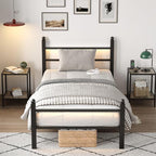 Twin Bed Frame with Headboard and Footboard, Metal Bed Frame with Charging Station and LED Lights, Under Bed Storage, No Box Spring Needed,Noise Free, Black