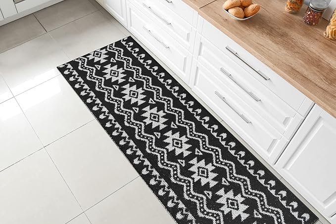 Custom Length Cut to Size Tribal Ethnic Southwestern Inspired Hallway Runner Rug, Non Slip Rubber Backed, 31 inch Wide X Customized Length, Aztec Black, 31 inch X 12 feet