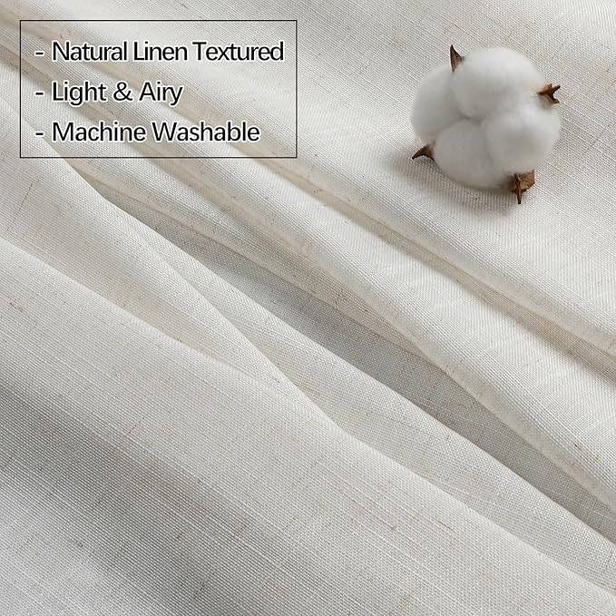 Neutral Linen Sheer Pinch Pleated Sliding Door Curtains, 2x50 Inches Width, Ivory Beige Light Filtering Drapes 84 Inches Long, Textured Modern Farmhouse Window Curtain Panels