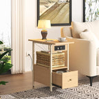 LIDYUK End Table with Charging Station, Narrow Side Table with Drawer and USB Ports & Power Outlets, Nightstand Bedside Tables for Small Spaces, Bedroom, Living Room, Natural