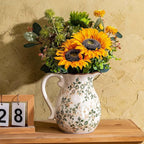 Green and White Vintage Vase with Handle, Chinoiserie Floral Pitcher Vase, Rustic Ceramic Farmhouse Vases for Home Decor, Living Room, Bookshelf, Office, Grand Millennial Decors, Tuscan Decor 7.9 Inch