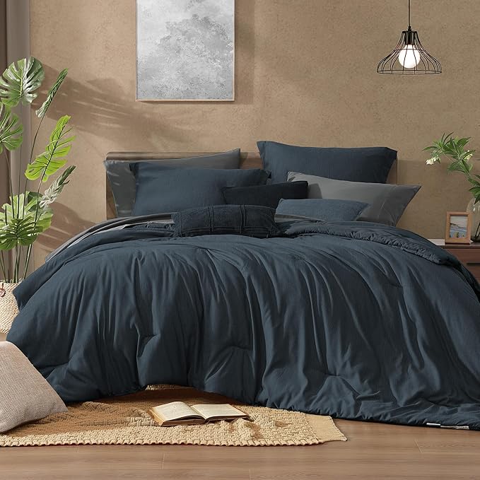 Monbix Queen Comforter Set - 7 Pieces Cationic Dyeing Navy Blue Bed in a Bag Queen Bedding Sets with Comforter, Sheets, Pillowcases & Shams, Reversible Bedding Comforters Sets