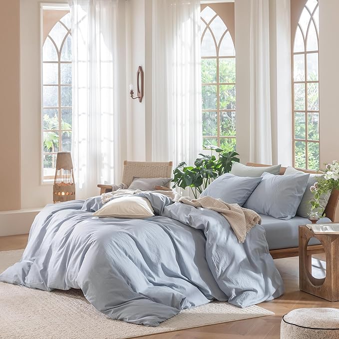 MooMee Bedding Duvet Cover Set 100% Washed Cotton Linen Like Textured Breathable Durable Soft Comfy (Heathered Cornflower Blue, Super King Plus 120"x120")