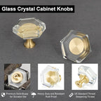 QOGRISUN 15-Pack Brass Crystal Cabinet Knobs,Glass Crystal Gold Drawer Knobs,1-5/16-Inch Hexagon,Decorative Dresser Pulls, Modern Cabinet Hardware