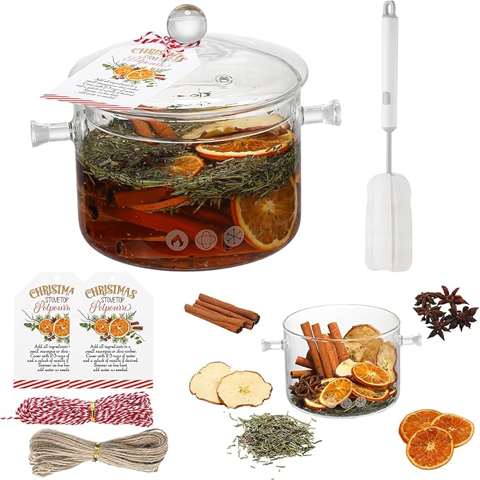8 Pcs Christmas Stovetop Potpourri Simmer Pot Set Include Potpourri Kit Clear Glass Simmer Pot Stovetop Instruction Tags Holiday DIY Crafting Kit for Home Xmas Party Gift Decor