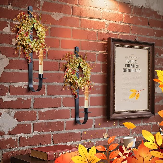 2 Set Rustic Wall Candle Sconces Holder Thanksgiving Fall Decor 18.5" Vintage Metal Wall Mount Candle Holder with Wreath for Farmhouse Living Room Indoor, Only Applicable to LED Candles