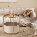 danpinera Round Side Table with Fabric Storage Basket, Metal Side Small Bedside Table Nightstand with Removable Tray Top for Living Room, Bedroom, Nursery, Bathroom, Gold