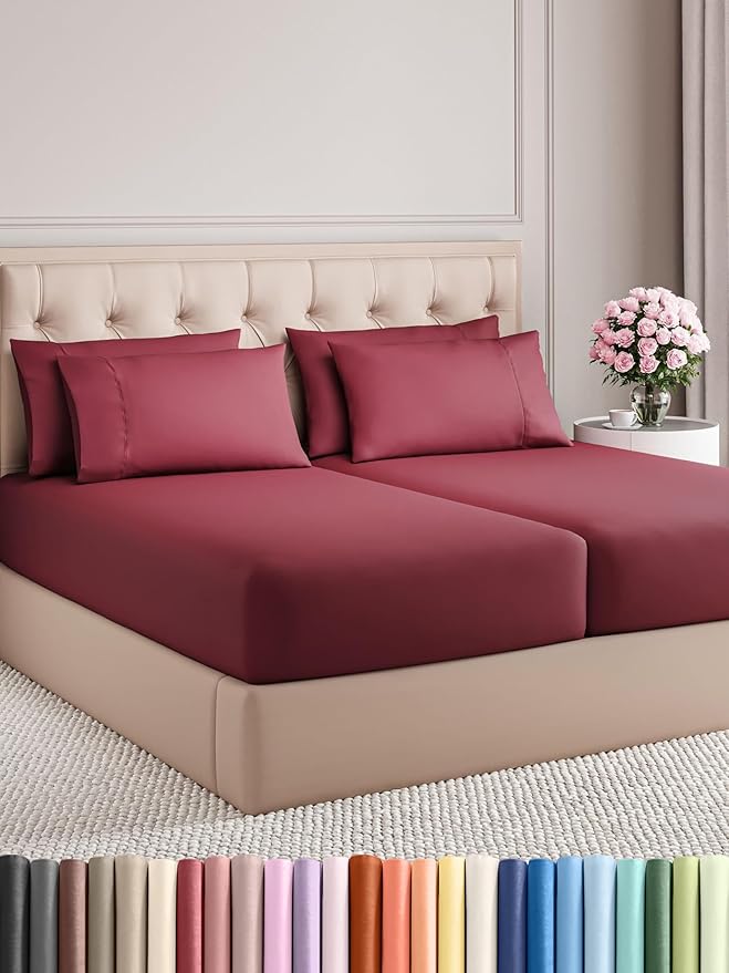 Split King 7 Piece Sheet Set - Comfy Breathable & Cooling - Soft Hotel Luxury Bedding Set with 8-16 Inch Deep Pockets - 1 Flat & 2 Fitted Sheet & 4 Pillowcases - Wrinkle Free & Easy Care - Burgundy