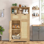 Iwell Storage Cabinet with 2 Drawers & Adjustable Shelves, Rattan Cabinet, Kitchen Pantry Cabinets, Cupboard for Living Room, Kitchen, Home Office, Natural