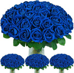 BLEUM CADE 100 Pcs Blue Roses Artificial Flowers, Real Touch Velvet Roses Fake Flowers Bulk, Artificial Roses Bouquet with Long Stems Bridal DIY Wedding Party Centerpiece Decorations