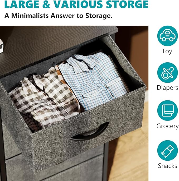 OLIXIS Dresser for Bedroom, 8 Storage Drawers, Wide Fabric Closet Chests Organizer Tower Furniture, TV Stand with Wooden Top Metal Frame for Clothes, Living Room, Hallway, Entryway, Classic Grey