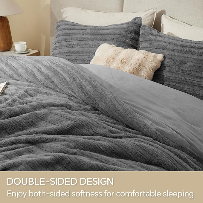 BEDELITE Fleece Queen Comforter Set -Super Soft & Warm Fluffy Grey Faux Fur Bedding, Luxury Fuzzy Heavy Bed Set for Winter with 2 Pillow Cases