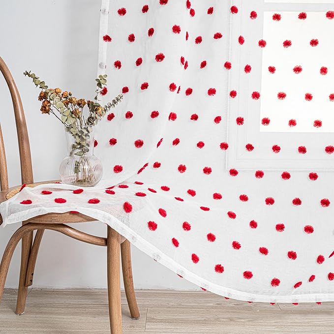 MYSKY HOME 95 Inch Long Christmas Curtains for Living Room Sliding Door Red Pom Pom White Shher Curtains for Bedroom Large Window Panels Dining Room Rod Pocket Privacy Protect 2 Sets 52" x 95"