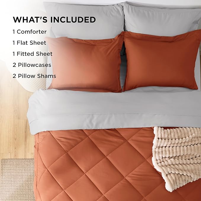 Bedsure Queen Comforter Set - 7 Pieces Reversible Burnt Orange Bedding, Queen Size Bed Set for All Seasons, Bed in a Bag with Down Alternative Comforter, Sheets, Pillowcases & Shams
