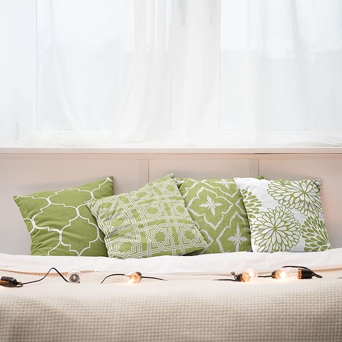 Ambesonne Vintage Throw Pillow Cushion Case Pack of 4, Monochrome Design Grid Trellis Quatrefoil Mesh and Dahlia Flowers Modern, Modern Accent Double-Sided Digital Printing, 24", Olive Green