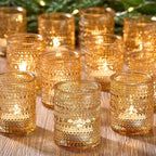 24 Pack Clear Glass Votive Candle Holders, Vintage Candle Holder for Floating Candle, Tealight Candle Holder for Table Centerpieces Home Bridal Shower Birthday Christmas Table Decoration (Amber)