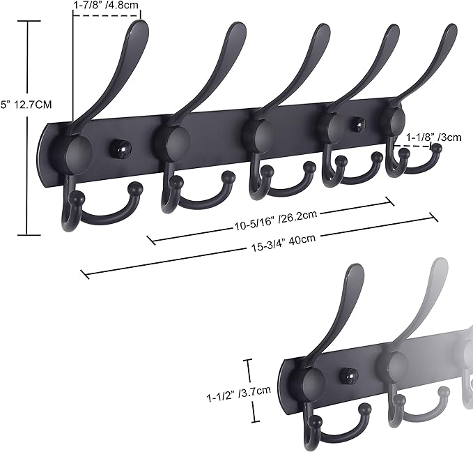 Dseap Coat Rack Wall Mounted - 5 Tri Hooks, Heavy Duty, Stainless Steel, Metal Coat Hook Rail for Coat Hat Towel Purse Robes Mudroom Bathroom Entryway (Rose Gold, Pack of 2)