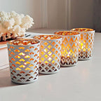 SHMILMH White and Gold Votive Candle Holders Set of 12, 4 Patterns Frosted Glass Tea Lights Candle Holders for Birthday Party Wedding Table Centerpiece Halloween