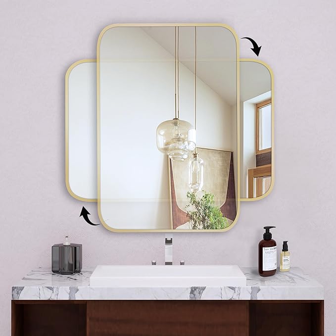 18"x24" Matte Gold Mirror for Wall, Brushed Metal Framed Rounded Corner Rectangular Mirror for Bathroom Vanity,Entryway,Living Room,Bedroom,Vertical or Horizontal