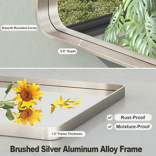 30x36 Inch Brushed Nickel Bathroom Mirror, Brushed Silver Metal Framed Wall Mirror, Rounded Corner Rectangle Modern Vanity Mirror, Tempered Glass, Anti-Rust, Shatterproof (Horizontal/Vertical)